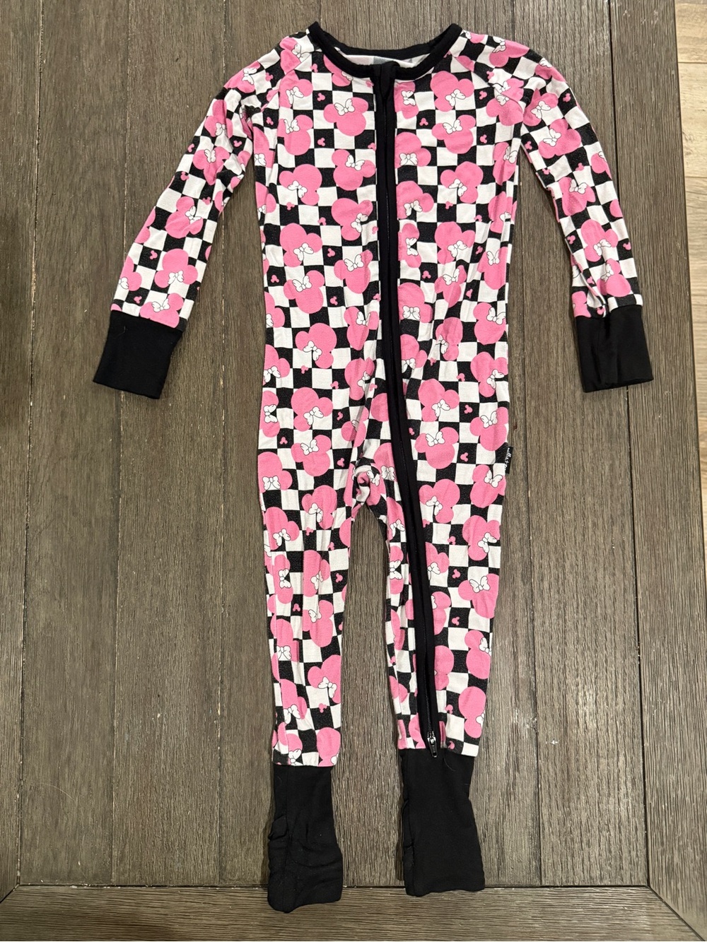 Millie + Roo Pink Checkered Minnie Mouse Bow Print Footed One-Piece Pajamas